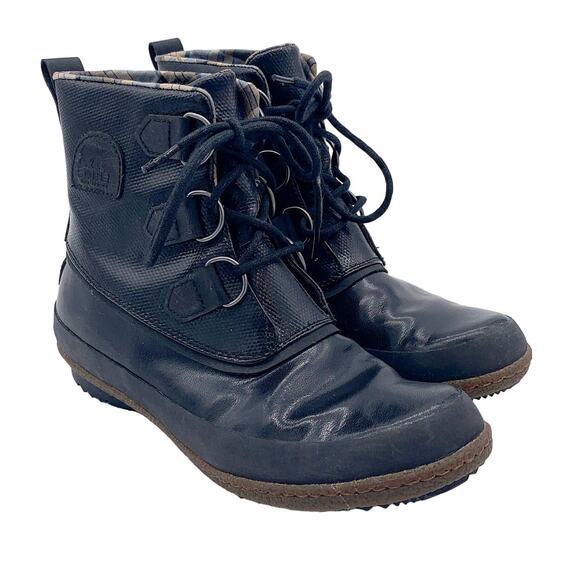 Sorel Joplin Waterproof Lace Up Slick Shine Rain Duck Boot Black Brown 7.5 - Picture 1 of 13